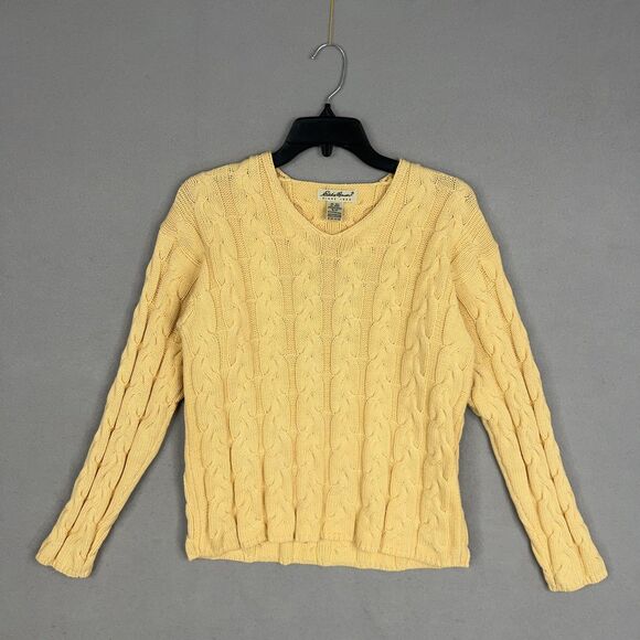 Vintage Eddie Bauer Sweater Womens Small Yellow Cable Knit Pullover Minimal Prep - Picture 1 of 12